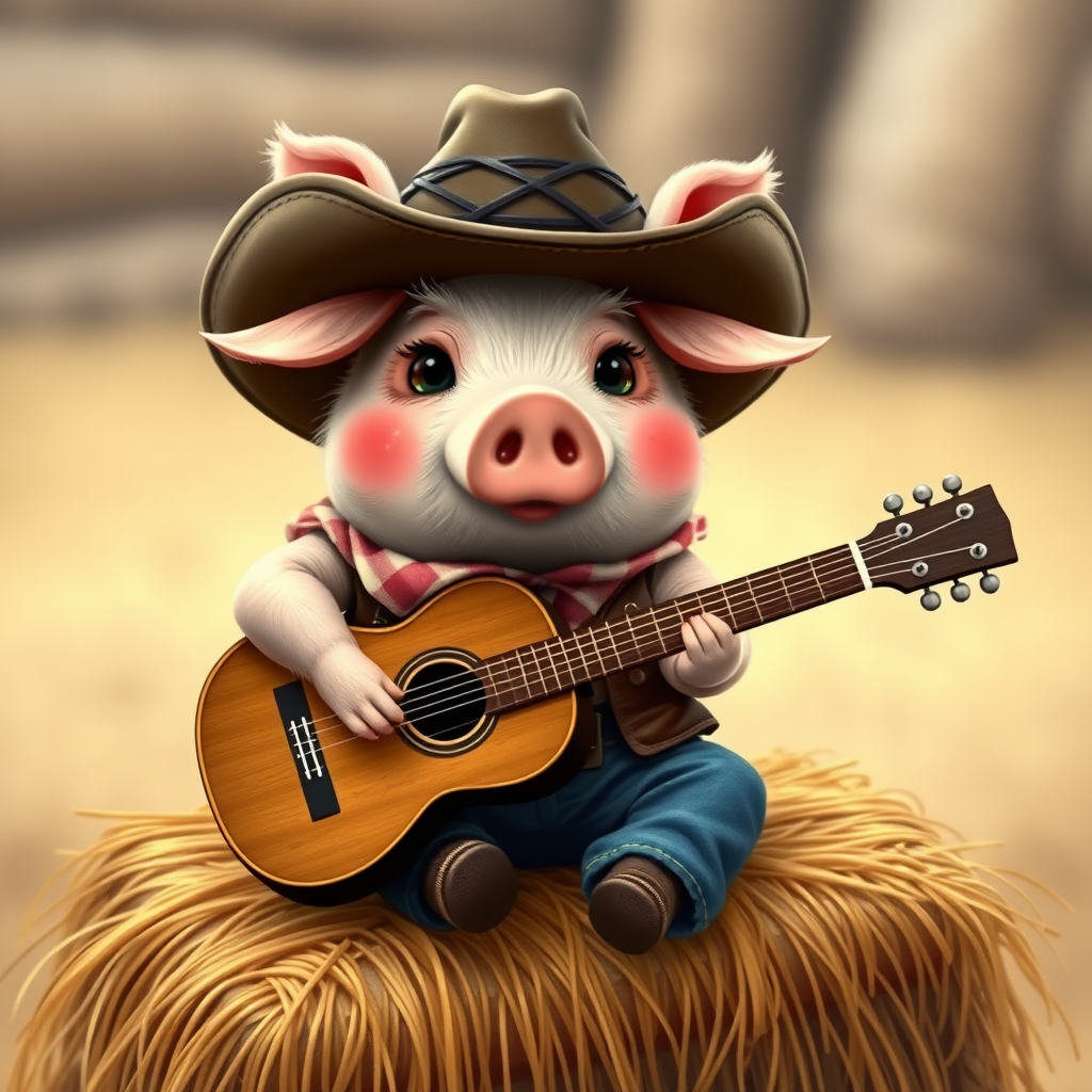 A chibi pig, dressed as a cowboy, playing guitar, sitting on a hay bale