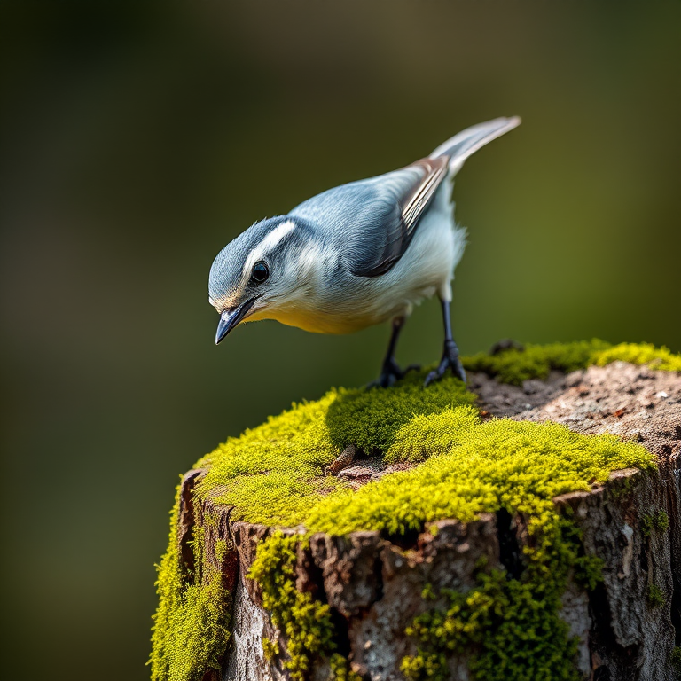 A nuthatch bird foraging on a mossy tree stump, photographed with a Canon EOS 5D Mark IV, using a 100mm f/2.8 macro lens at f/4, ISO 200, with a shallow depth of field and natural light to enhance detail and vibrancy.