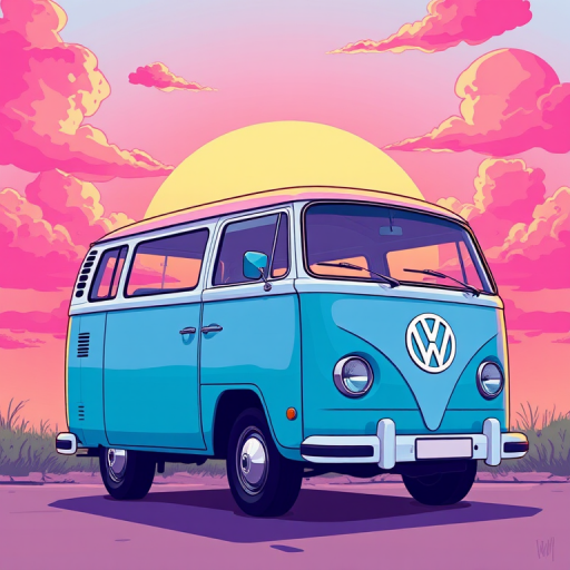 Create a vibrant illustration of a classic VW van in front of a pink sunset with clouds, using a luminous color palette, shot from a slight low angle, with a focus on the van's details, using a digital drawing style, simulating a 50mm lens at f/8 for sharpness and clarity.