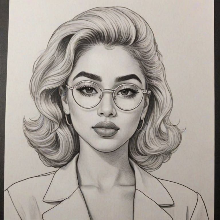 Elegant Kali Uchis, pencil sketch, portrait of Pleasing woman 1978s in glasses, hair style beatnik, outline, clear lines, fine lines, 8k