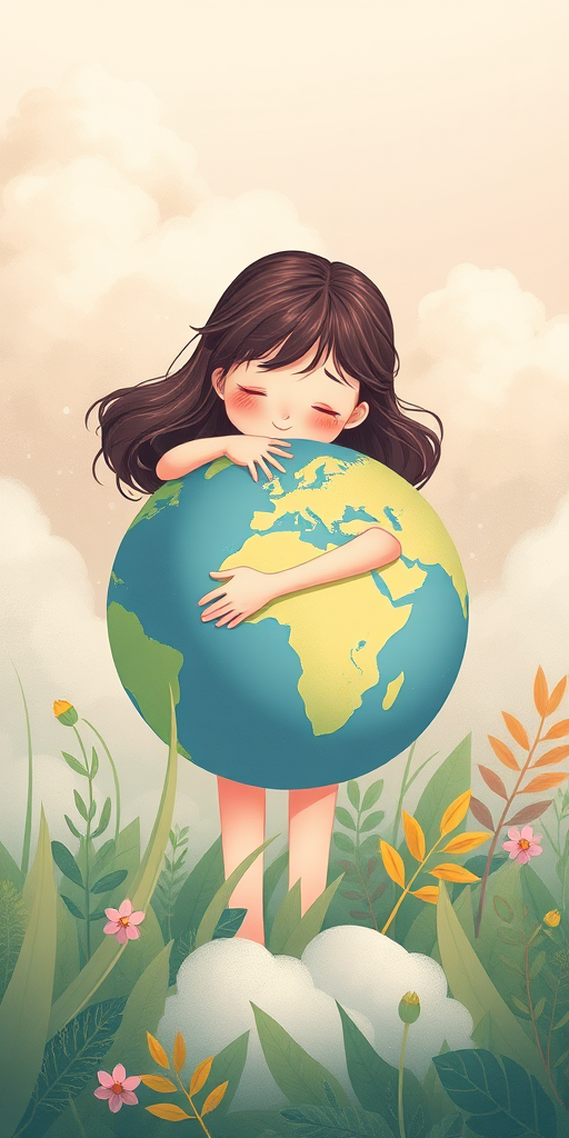 A serene illustration of a girl hugging the Earth surrounded by soft clouds and foliage, emphasize a pastel color palette, high resolution at 300 DPI, shot with a Canon EOS R5, 24mm lens, f/4 aperture, ISO 100, soft natural light.