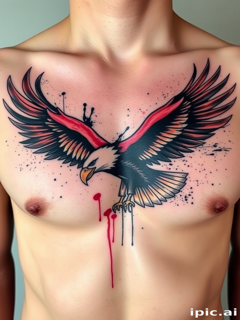 Dynamic brush stroke tattoo of a soaring eagle across the chest, utilizing bold, expressive lines and splatters to capture the bird's movement and power in an artistic, abstract style