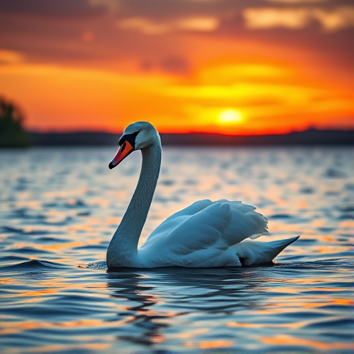 Create a high-resolution image of a graceful swan gracefully gliding on a shimmering lake during sunset with vibrant colors in the background, using a Canon EOS 5D Mark IV, 50mm lens, aperture f/2.8, shutter speed 1/200s, and ISO 200 for optimal clarity and detail.