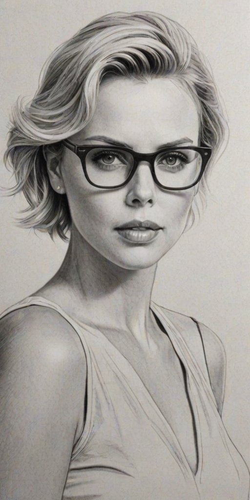 Attractive Charlize Theron, pencil sketch, portrait of Resplendent woman 1953s in glasses, hair style beatnik, outline, clear lines, fine lines, 8k