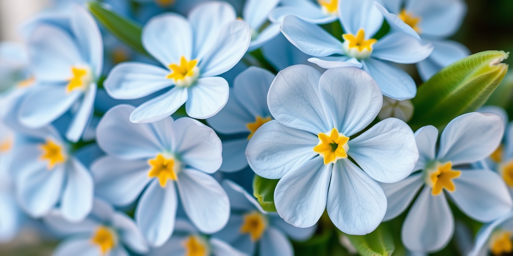 floral composition featuring light blue flowers with yellow centers and green leaves, soft focus, f/2.8 aperture, 50mm lens, ISO 100, natural lighting, macro photography, high resolution