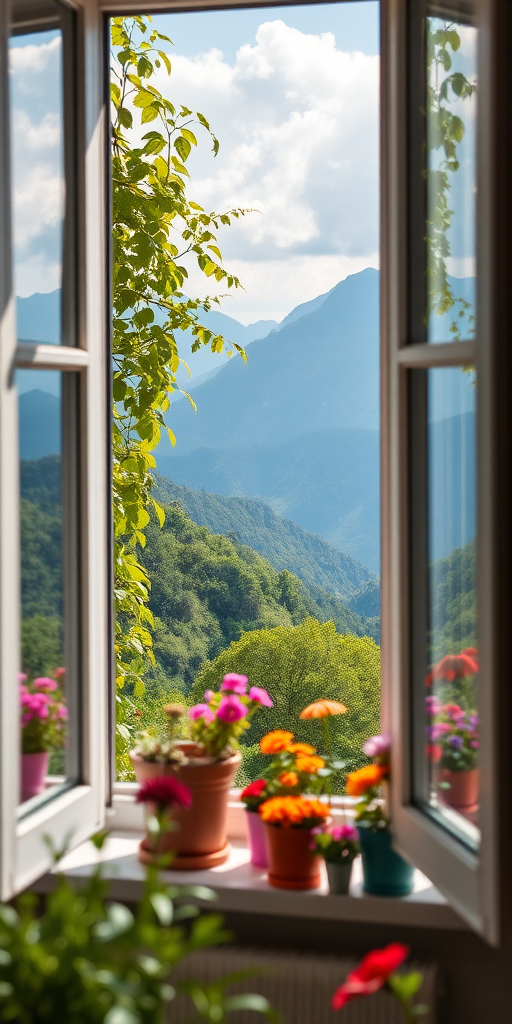 a vibrant studio window scene showcasing a breathtaking mountain view with lush greenery and colorful flowers in pots, soft natural lighting, Canon EOS R5, 35mm lens, f/8, ISO 100, slight tilt-shift effect for depth of field