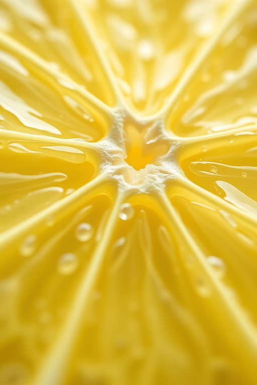Create an ultra-detailed close-up of a lemon slice, using a DSLR camera with a 50mm lens, f/1.8 aperture, ISO 100, and natural light to enhance color vibrancy and texture.
