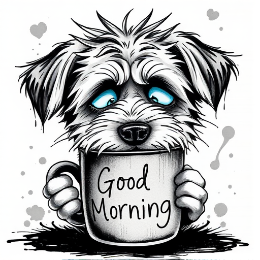 A quirky, artistic illustration of a disheveled poogle dog breed with exaggerated, large eyes and spiky fur, holding a coffee mug that reads "Good Morning". The dog has a tired but humorous expression, with ink splatters and abstract details surrounding it, giving a whimsical feel to the image. The color palette is mostly monochrome with hints of blue in the eyes and steam rising from the mug, enhancing the overall sleepy vibe