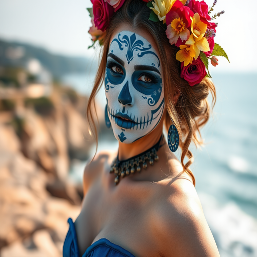 Regenerate a stunning portrait of a woman in a blue corset with skull makeup and floral accessories along a coastal backdrop, using a Canon EOS R5 camera with a 50mm lens, f/1.8 aperture, at ISO 100, capturing a soft focus background with vibrant colors in natural light.