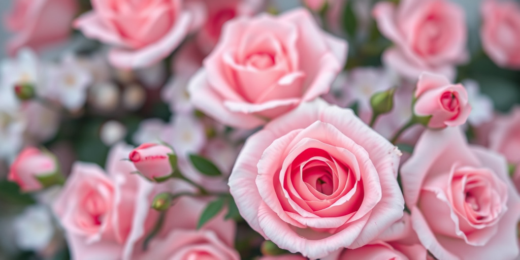 floral background with pink roses and soft pastel colors, shallow depth of field, macro lens, f/2.8 aperture, soft natural lighting, DSLR camera, 50mm lens, high resolution