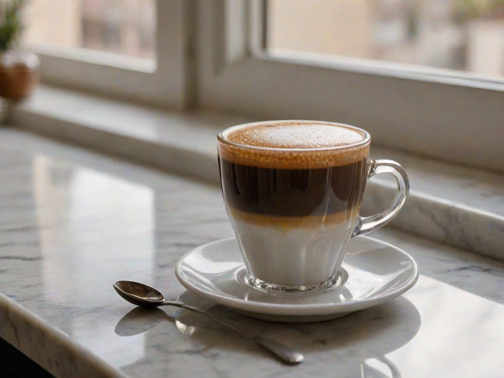 Close-up of a freshly brewed cup of espresso resting on a marble countertop, soft natural light from a nearby window illuminating the rich crema, with a sugar cube and spoon softly blurred in the background.