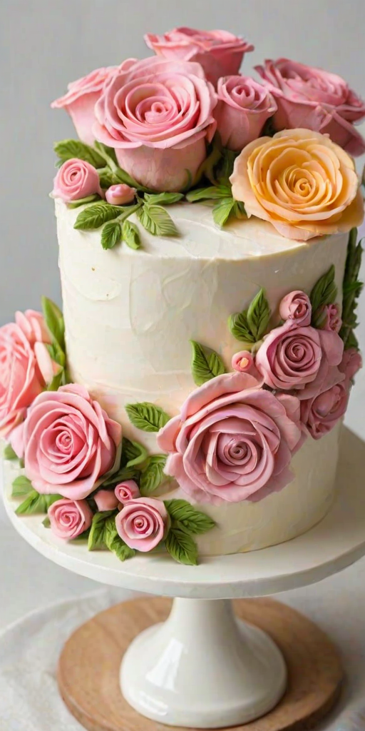 Create an image of a beautifully decorated cake featuring intricate floral designs made from buttercream frosting. The cake should be round and multi-tiered, adorned with pink roses, yellow flowers, and green leaves. The overall appearance should be vibrant and visually appealing, set against a simple white background.