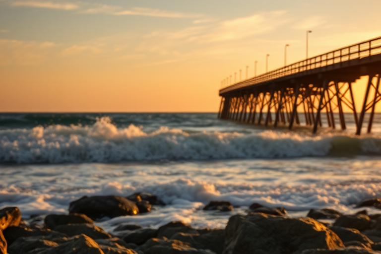 Regenerate a scenic view of a pier extending over the ocean with waves lapping at the rocks in the foreground, captured at golden hour using a DSLR camera, 35mm lens, f/8 aperture, ISO 200, and a shallow depth of field for enhanced clarity.
