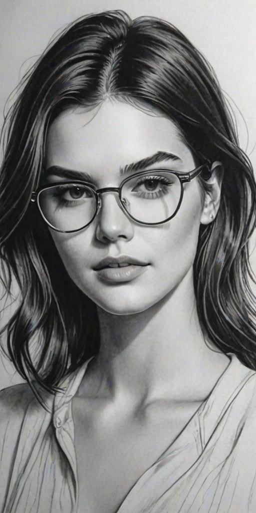 Alluring Kendall Jenner, pencil sketch, portrait of Pleasing woman 1943s in glasses, hair style beatnik, outline, clear lines, fine lines, 8k