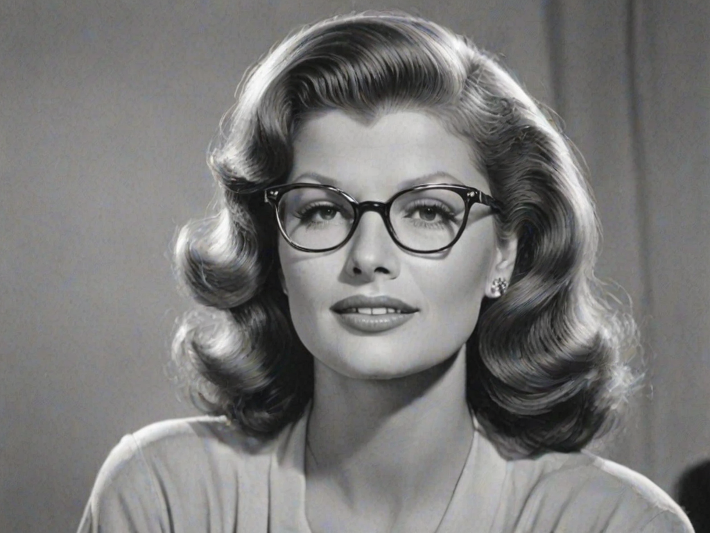 Magnificent Rita Hayworth, pencil sketch, portrait of Splendid woman 1962s in glasses, hair style beatnik, outline, clear lines, fine lines, 8k