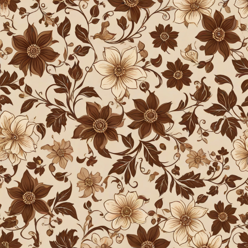 Create a seamless floral pattern featuring large brown and beige flowers with intricate designs, accompanied by smaller flowers and gentle vines on a light beige background.