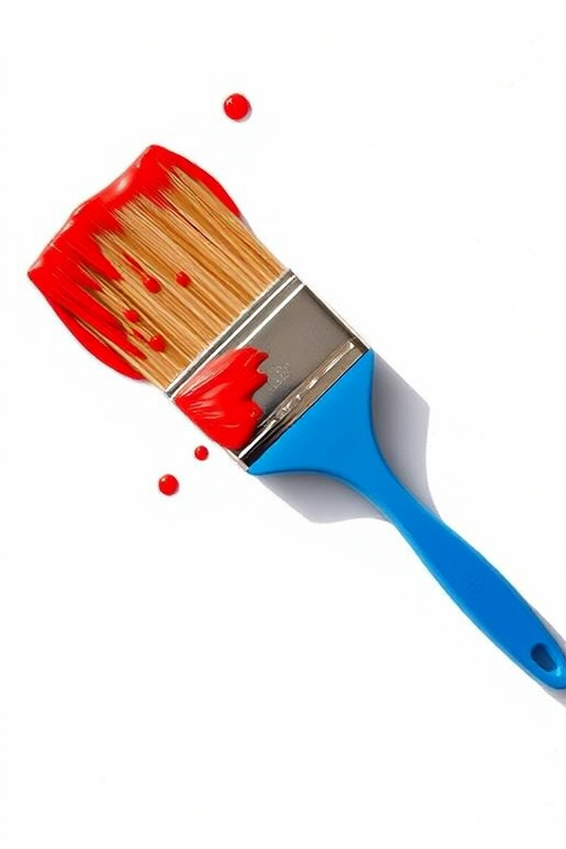 Create a highly detailed illustration of a paintbrush with a blue handle and red paint spilling from its bristles, using a DSLR camera with a 50mm lens, f/2.8 aperture, ISO 100, shot from a top-down angle in natural light to enhance color vibrancy and sharpness.