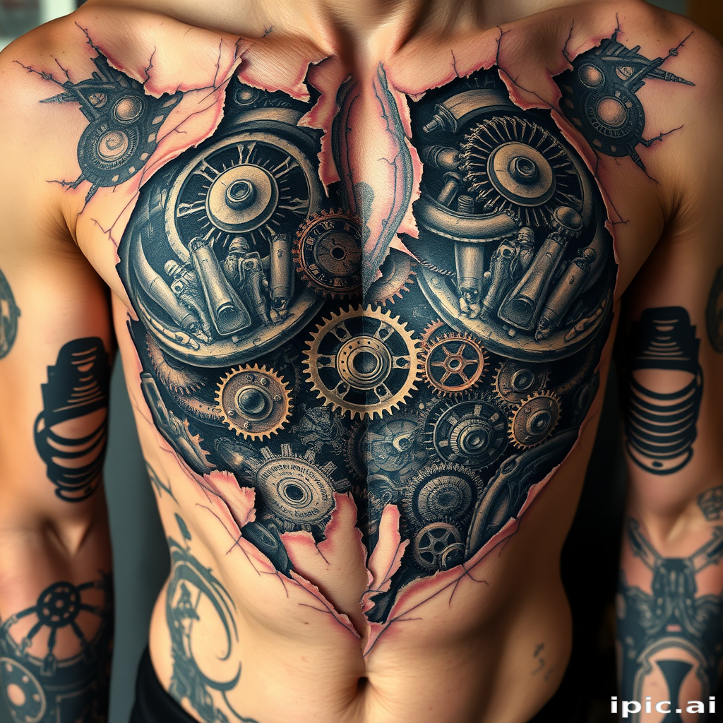 Surrealist biomechanical tattoo revealing intricate gears and machinery beneath torn skin, combining hyperrealistic elements with sci-fi inspired components, sprawling across the ribcage