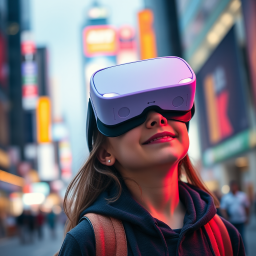 Generate an image of a young girl wearing a VR headset in a vibrant cityscape background with neon lights, depth of field effect, shot at f/2.8, ISO 100, 35mm lens, 1/60s exposure, using a mirrorless camera for high dynamic range and clarity.