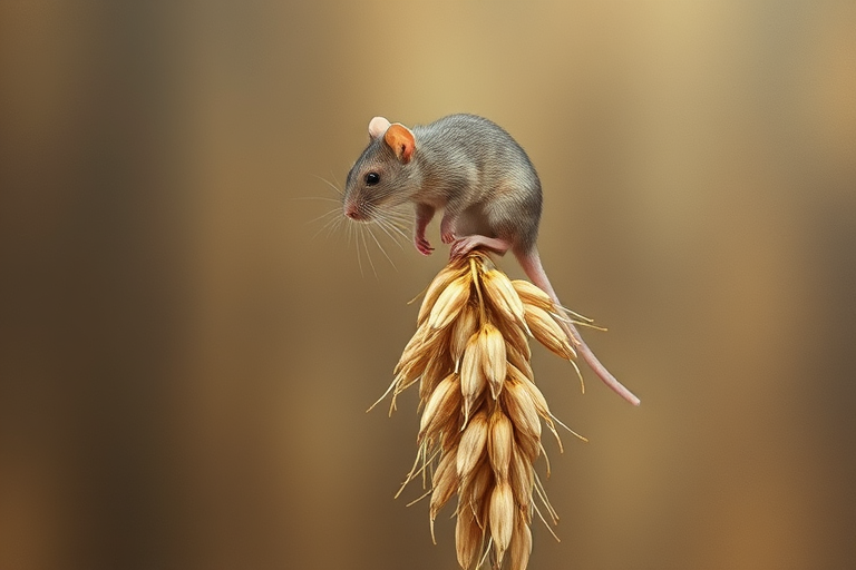 Soft, muted Alcohol Ink with ebru effect background image of tiny whimsical rat, who climbed high on the top of a golden rye ear.