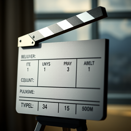 Create a high-resolution image of a classic movie clapperboard with clean lines and sharp contrast, shot with a DSLR camera at 50mm, aperture f/2.8, ISO 100, in natural lighting from a slightly elevated angle for a dynamic perspective.