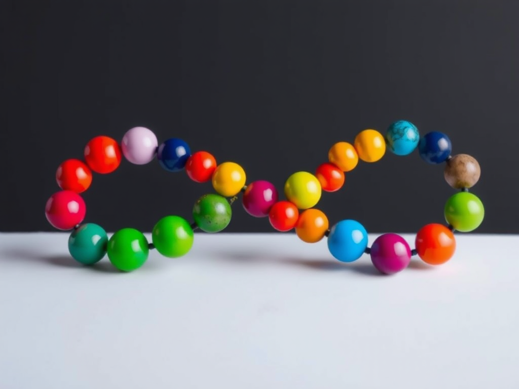 Create an image of an infinity symbol made of colorful spheres, captured with a DSLR camera at f/2.8 aperture, ISO 100, 50mm lens, top-down view, using a macro photography style to enhance detail and vibrancy.