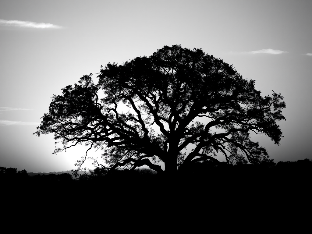 Capture a detailed black and white silhouette of a majestic tree against a sunset sky, using a Canon EOS R5, 50mm lens, aperture f/1.8, ISO 400, at a vantage point that emphasizes the tree's height and spread, with a soft-focus background for depth.