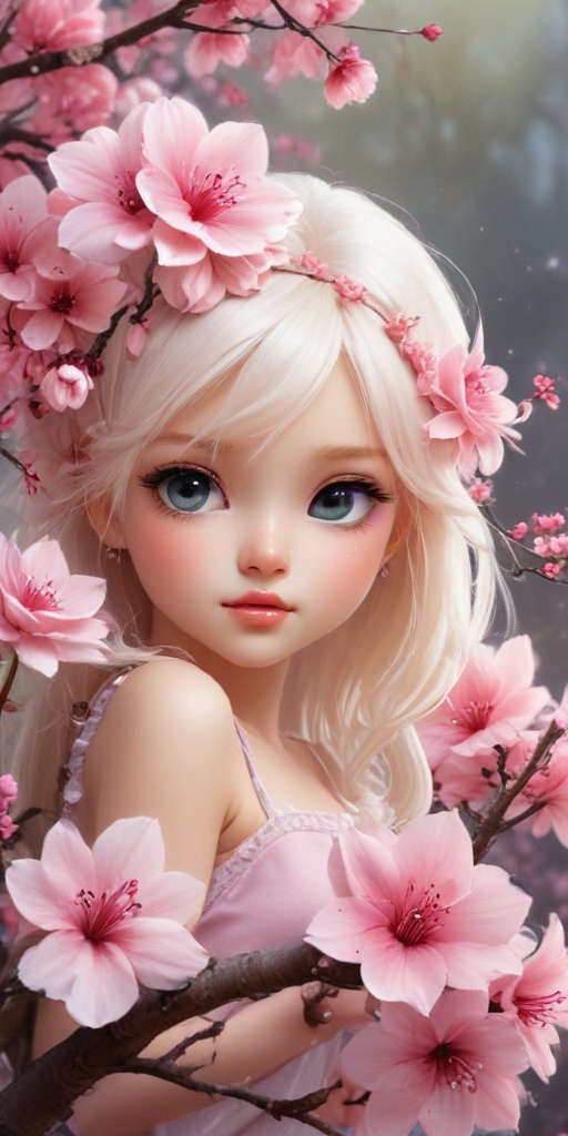 Enchanting Portrait of a Young Girl Surrounded by Blooming Cherry Blossoms