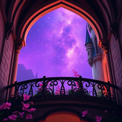 create a mystical castle balcony scene overlooking a starry purple sky with intricate arches and blooming flowers with soft lighting, camera settings f/2.8, ISO 100, shutter speed 1/60s, wide-angle view, digital art style, high-resolution quality