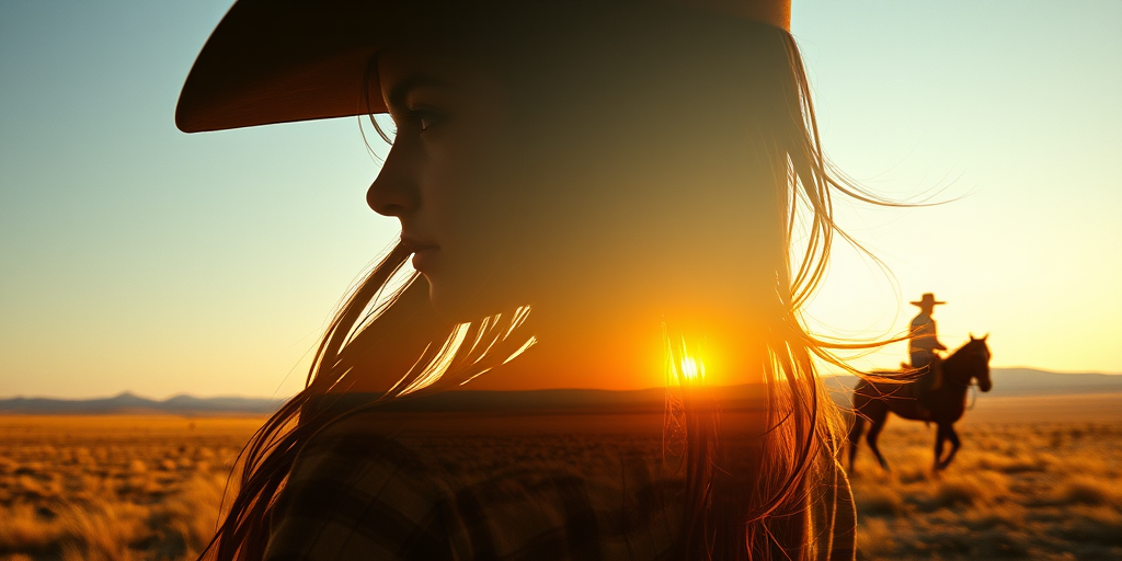 "Create a Double exposure", a silhouette "profile portrait of a young cowgirl" with long hair "superimposed" against a long shot of a cowgirl riding a horse across the plains, fantastic view, 32k, cinematic, hyper-realistic.