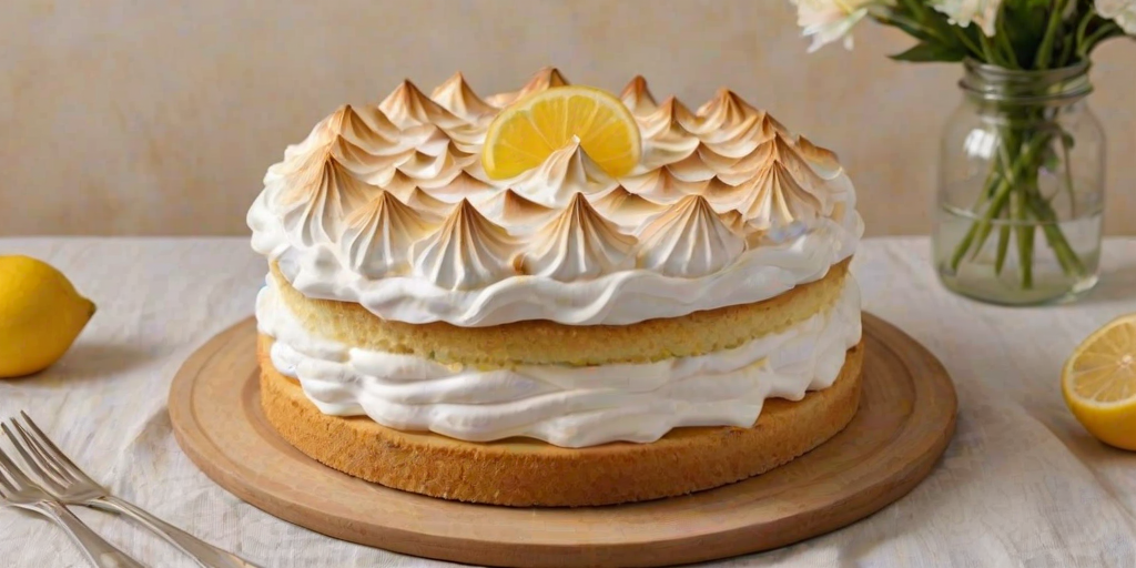 Generate an image of a beautifully decorated lemon meringue cake. The cake should have a smooth, golden crust topped with fluffy, toasted meringue, and garnished with thinly sliced dried lemon wheels. The setting should include a simple wooden serving board, a light-colored tablecloth, and a few delicate floral accents in the background.