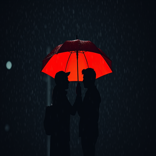 Create an image of two silhouetted figures sharing a red umbrella in the rain, captured with a 50mm lens at f/1.8 for a shallow depth of field, ISO 200, 1/125 sec exposure, in a high-contrast, vibrant digital style against a dark, textured background, simulating a soft-focus bokeh effect.