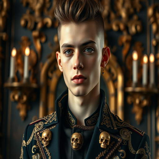 portrait of a young male model with a stylish haircut wearing an ornate black and gold jacket with skull accessories, rich background with baroque elements, captured with a Canon EOS R5, 85mm lens, f/1.8 aperture, ISO 100, soft natural lighting for enhanced detail and depth