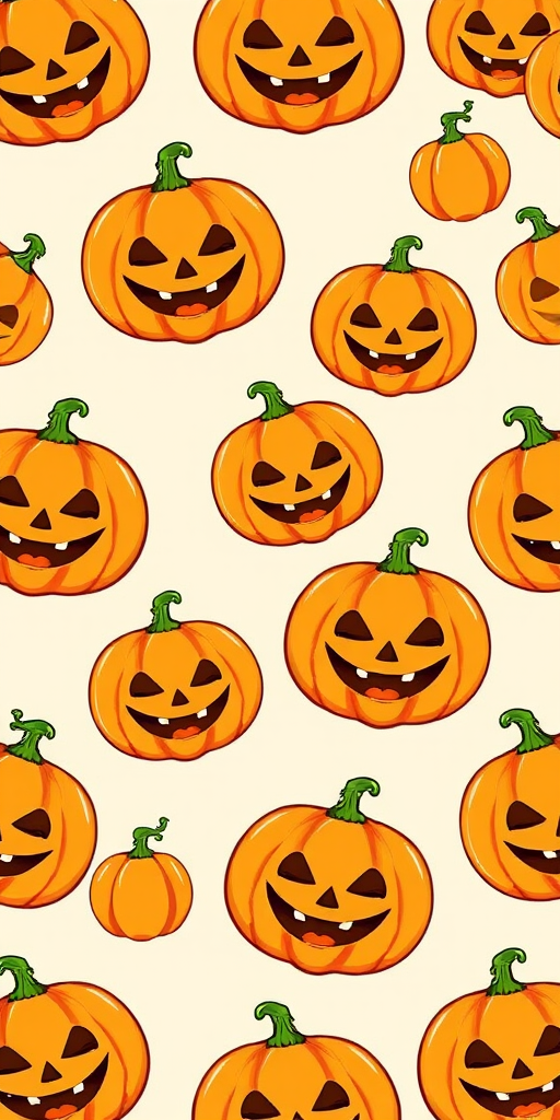 Create a pattern featuring cartoon-style pumpkins with smiling and mischievous expressions scattered evenly on a light beige background. The pumpkins should be bright orange with green stems and should vary slightly in size and orientation.