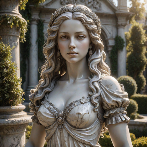 beautiful renaissance princess marble statue decorated with silver ornaments, standing in the sun (marble garden: 1.2), surrounded by topiaries, intricate curly hair, flawless marble skin, (weathered marble texture:1.35), detailed eyes, masterpiece, best quality, intricate details, high detail RAW color photo, very detailed, glorious lighting, cinematic lighting, contrast, bright light, gigapixel, 8k resolution, film, octane rendering, unreal, high definition, 8k uhd, professional lighting, photon mapping, radiosity, physically based rendering, award-winning photography, backlight, Photorealistic, Light particle tracing, vivid color, Obvious layers,Photography Award
