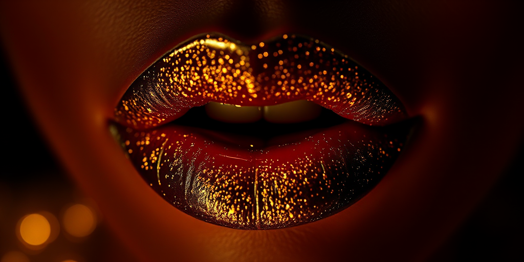 Glamorous gold-flecked lips with a high-shine finish, exuding luxury and opulence, captured in a close-up beauty shot with dramatic chiaroscuro lighting