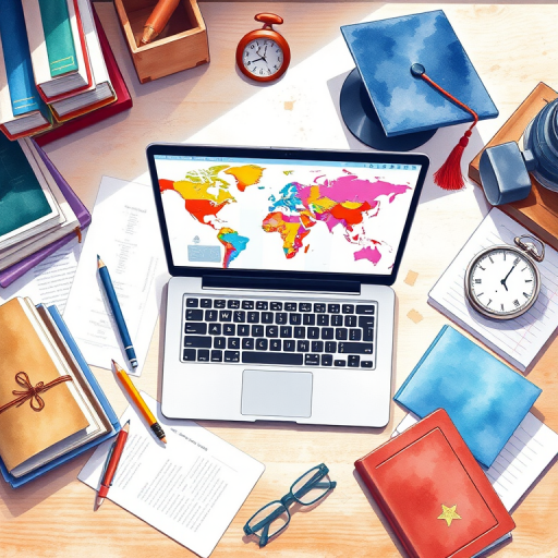 Create an illustration of an academic workspace featuring a laptop with a colorful map on the screen, surrounded by stacked books, a graduation cap, a pencil, a clock, and scattered papers, using vibrant watercolor style, shot with a Canon EOS R5, 50mm lens, f/1.8 aperture, ISO 200, top-down view, soft natural lighting for enhanced image quality.