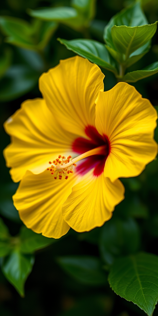 close-up of a yellow hibiscus flower surrounded by green leaves, shallow depth of field, f/2.8 aperture, ISO 100, 50mm lens, natural light, DSLR camera