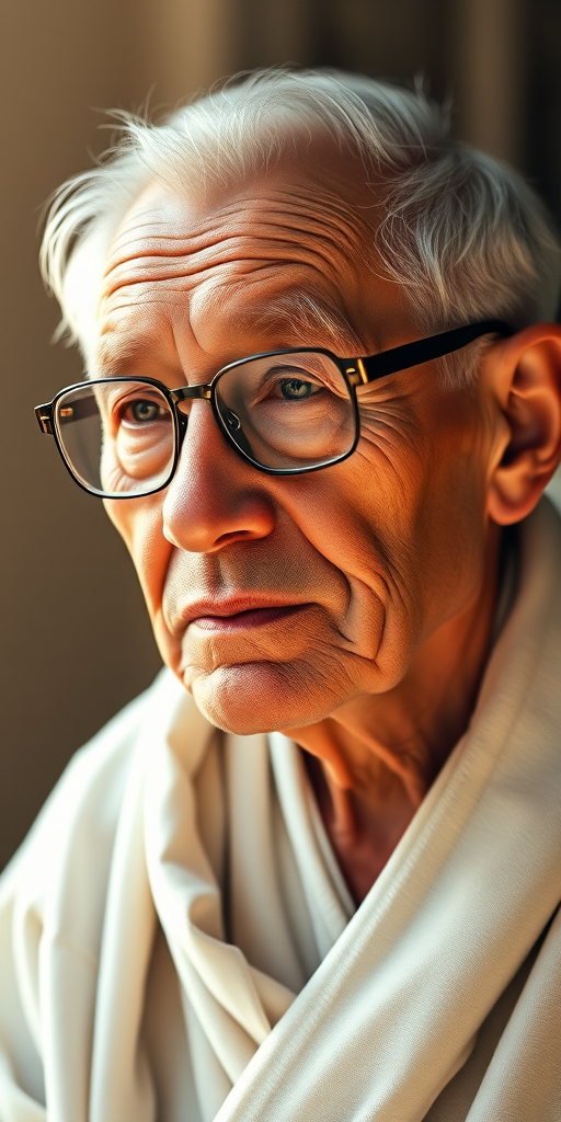 Create a high-resolution digital illustration of an elderly man with glasses and a simple white robe, emphasizing soft facial features and warm colors, captured using a DSLR camera with a 50mm lens, f/1.8 aperture, 1/200s shutter speed, and natural lighting to enhance details and depth.
