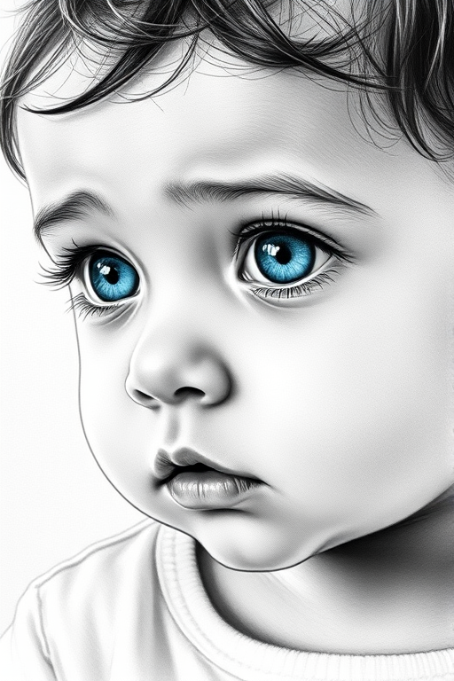 A hyperdetailed photorealistic black and white sketch of a beautiful toddler with deep cyan eyes, with a macro focus