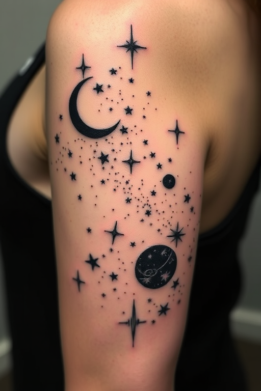 Negative space tattoo titled "Celestial Silhouette" using clever placement of solid black ink to reveal intricate star constellations and cosmic imagery within the untouched skin