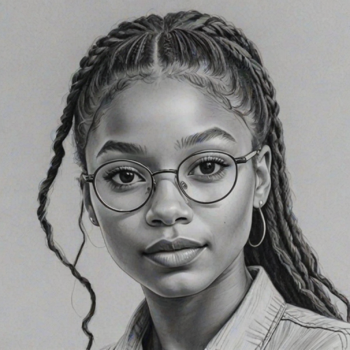 Graceful Halle Bailey, pencil sketch, portrait of Gorgeous woman 1969s in glasses, hair style beatnik, outline, clear lines, fine lines, 8k