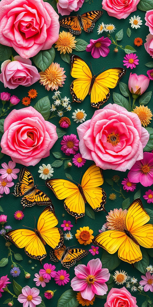 create a vibrant floral pattern with pink roses, yellow butterflies, and assorted flowers on a dark green background, camera type: DSLR, camera settings: f/8, ISO 200, shutter speed 1/125, camera view: overhead, camera style: macro photography