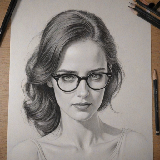 Captivating Eva Green, pencil sketch, portrait of Sublime woman 1954s in glasses, hair style beatnik, outline, clear lines, fine lines, 8k