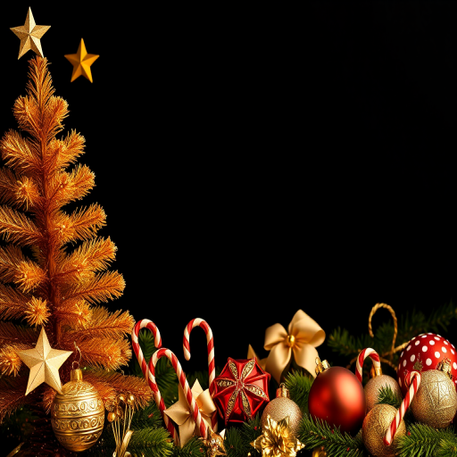 Create a high-resolution festive holiday image with a black background featuring golden Christmas decorations including a tree, stars, candy canes, and ornaments, using a DSLR camera, aperture f/2.8, ISO 100, focal length 35mm, with a soft focus effect to enhance the warm holiday atmosphere.