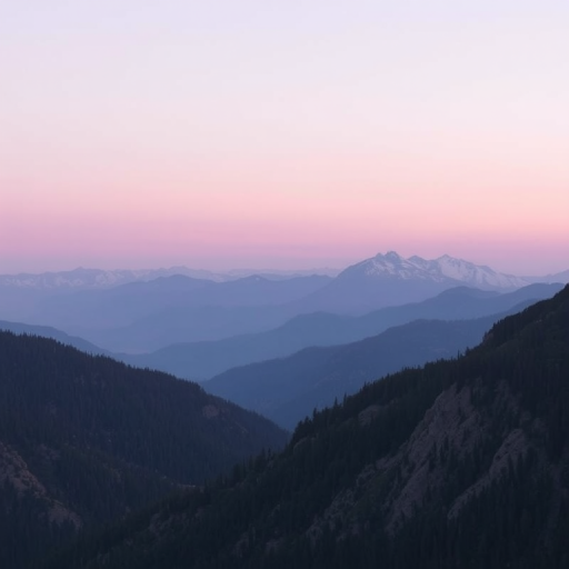mountain landscape at sunrise with soft pink and purple hues, long exposure, f/8 aperture, 1/60 sec shutter speed, ISO 100, shot with a DSLR camera using a wide-angle lens, high dynamic range, panoramic view