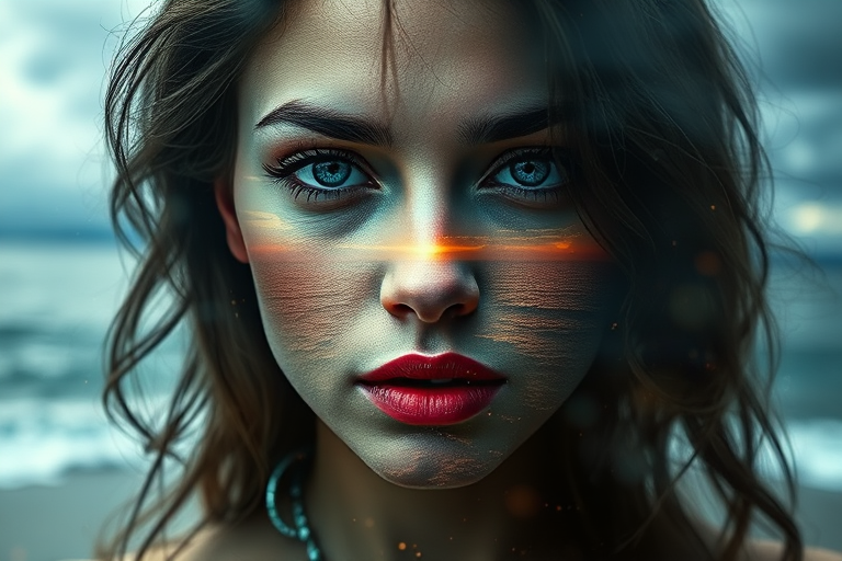 imagine Book cover, A surreal double exposure portrait that blends a woman's face with a beautiful seascape. The overall mood is dreamy and mystical, with rich colors and intricate details