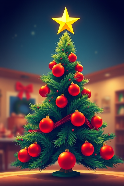 Create a vibrant illustration of a Christmas tree with a star on top, decorated with red ornaments, using a DSLR camera at f/4 aperture, 1/60 shutter speed, ISO 200, captured from a low-angle view, in a flat lay style for enhanced clarity and color saturation.