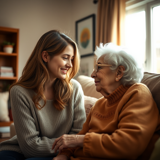 Create a warm and intimate portrait of a young woman and an older woman in a cozy living room, natural light streaming through a window, f/2.8 aperture, 50mm lens, ISO 200, soft focus background to enhance details on their faces, capturing a moment of connection and conversation.