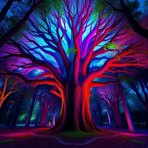 Create a vibrant fantasy forest scene featuring a majestic tree illuminated by colorful, surreal lights, captured with a Canon EOS R5, 24mm f/1.4 lens, aperture f/2.8, ISO 100, shutter speed 1/60, in a symmetrical composition from a low angle to highlight the tree's grandeur and surrounding magical atmosphere.